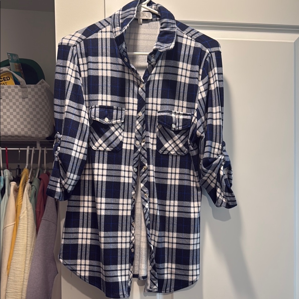 Blue and White Plaid Button-Up Shirt